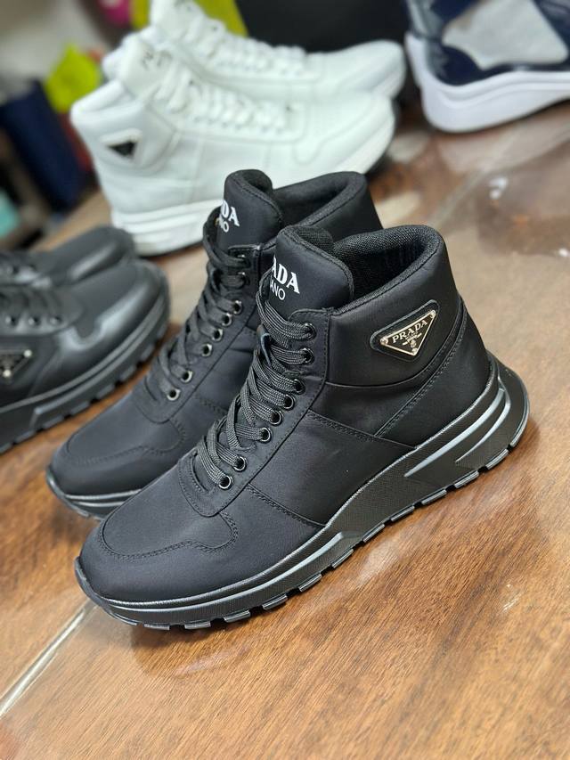 4Ee376 High-top Prad Men's Autumn/Winter High-top Casual Shoes, high-end boutiqu
