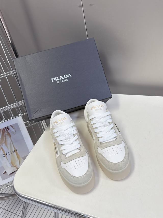Prada Spring/Summer New Thick-Soled German Training Sneakers (White) Suede and