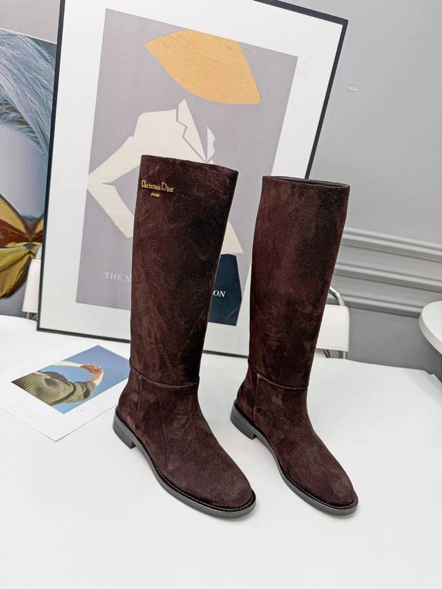 Dior 25 New Suede Flat Boots with Gold Logo and Lambskin Lining, Sizes 35-41, Fa