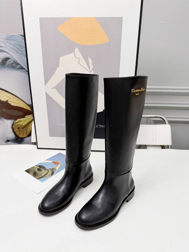 Dior 25 New Flat Logo Gold Letter Boots, Top Layer Cowhide Leather, Sheepskin Li