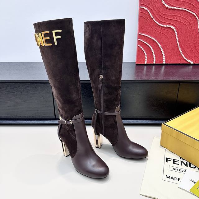 Round Toe Fendi 2025 Winter New Metallic Hollow-Out Heel High-Heeled Boots "Meta