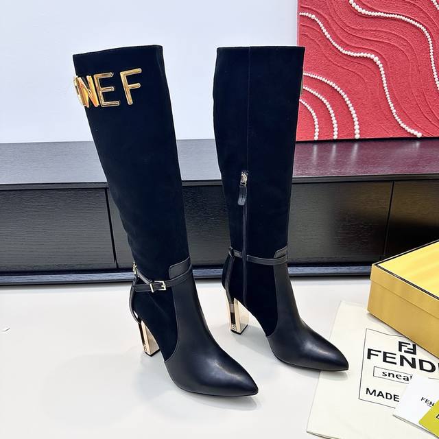 Pointed Toe Fendi 2025 Winter New Metallic Hollow-Out Heel High-Heeled Boots "Me