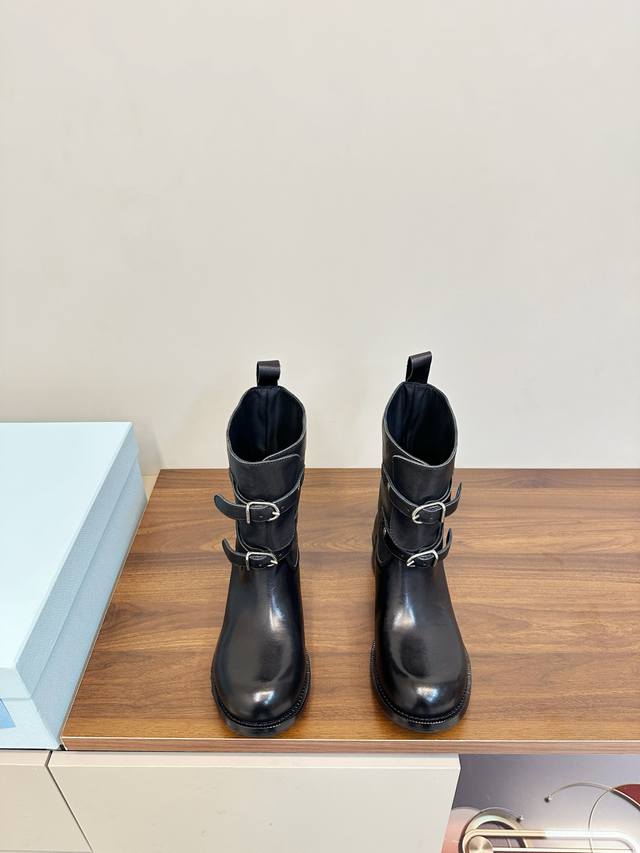 Prada Double Buckle Martin Boots, Fashionable Slouch Boots, Loose Ankle Boots P