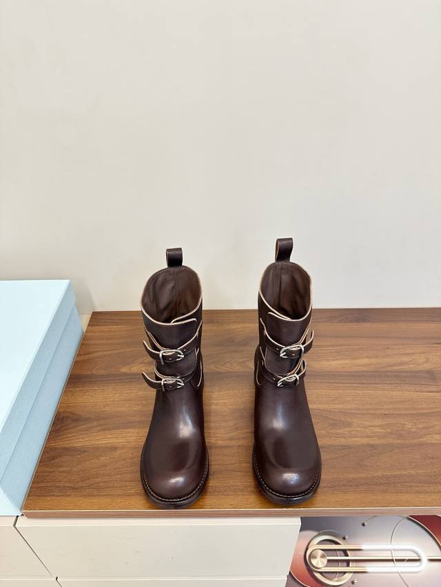 Prada Double Buckle Martin Boots, Fashionable Slouch Boots, Loose Ankle Boots P