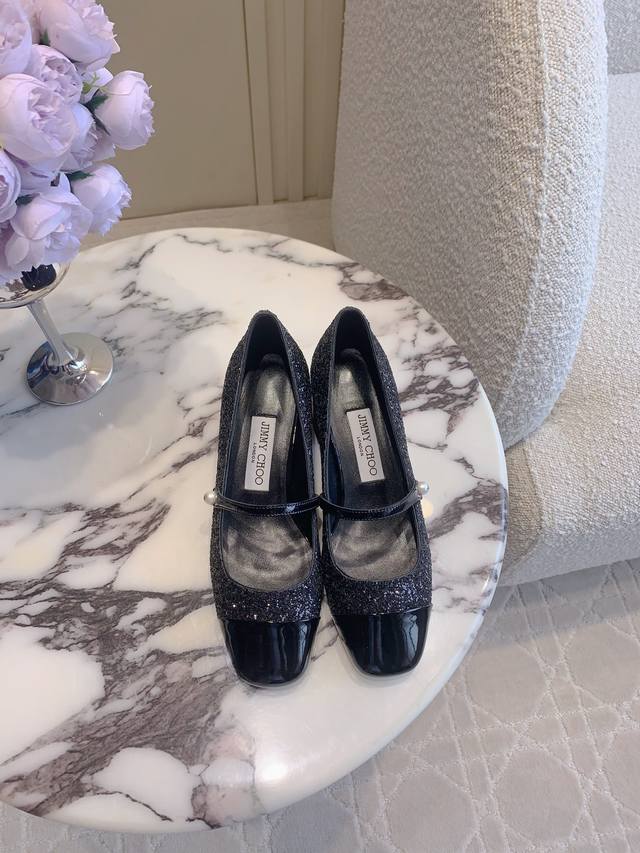 Factory Price p Jimmy Cho* New Chunky Heel Mary Jane Shoes Classic Pearl Letter