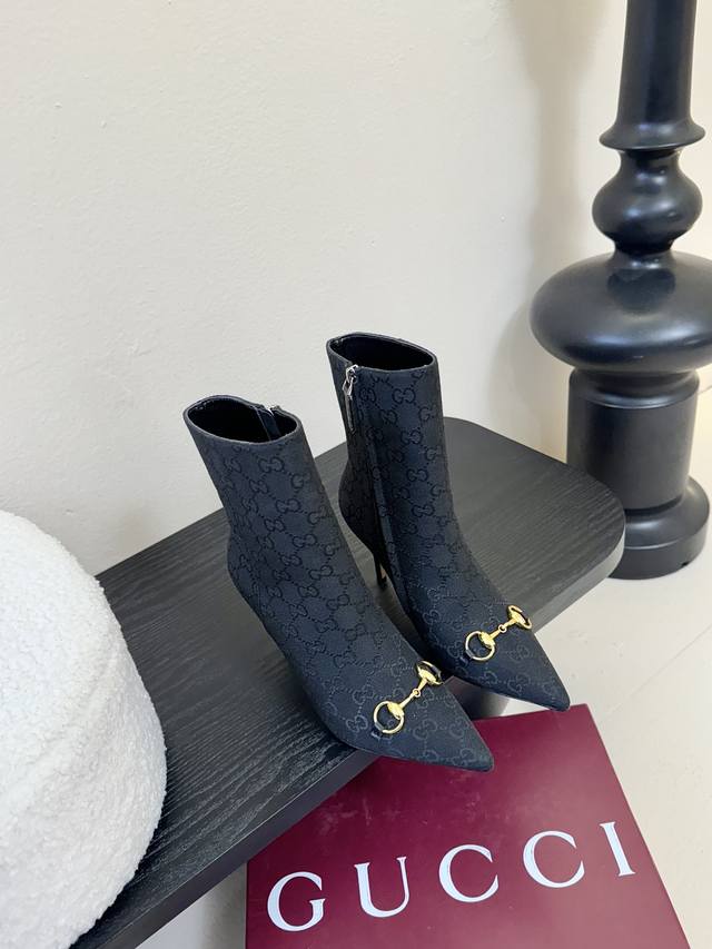 Fabric/Leather Gucci 25Wf New Horsebit Pointed Toe Side Zipper High-Heeled Ankl