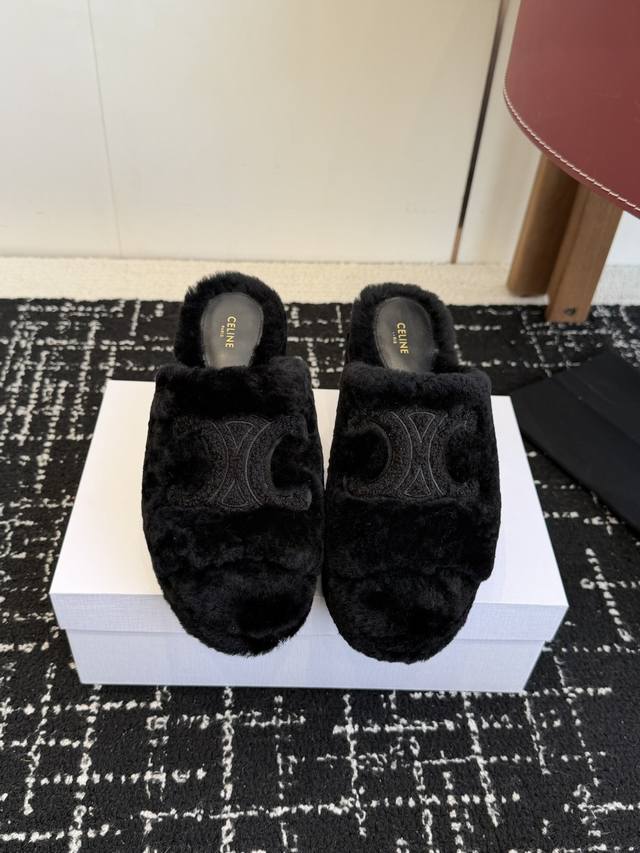 Retail Item Celine 25Wf Arc de Triomphe Platform High-Heeled Fleece Slippers Ste