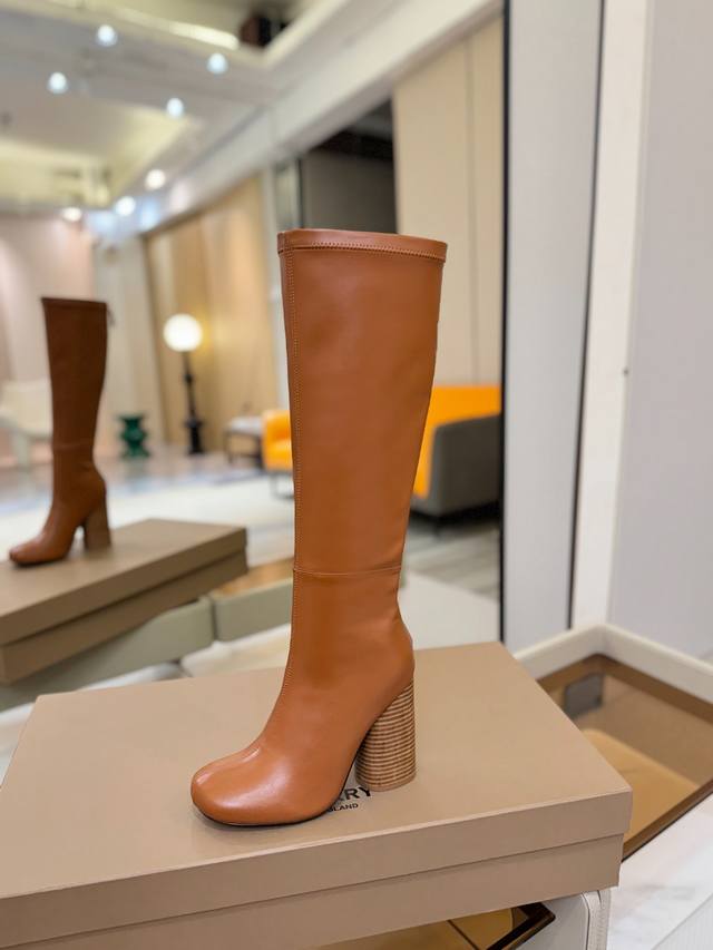 Price: Exclusive Round Toe Logo Chunky Heel Stretch Knee-High Boots Burberry, a