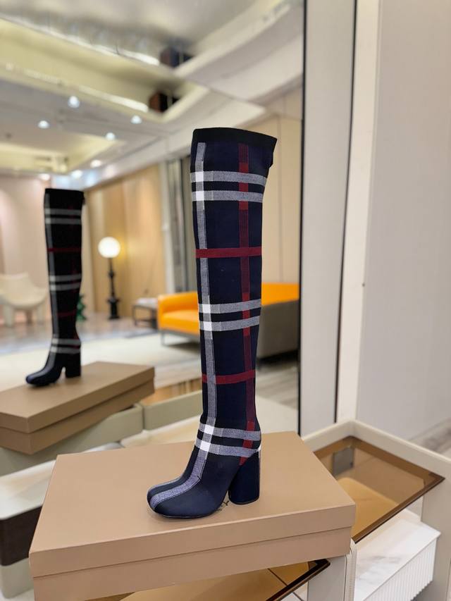 Price: Exclusive Launch of Round Toe Chunky Heel Check Stretch Knit Sock Boots B