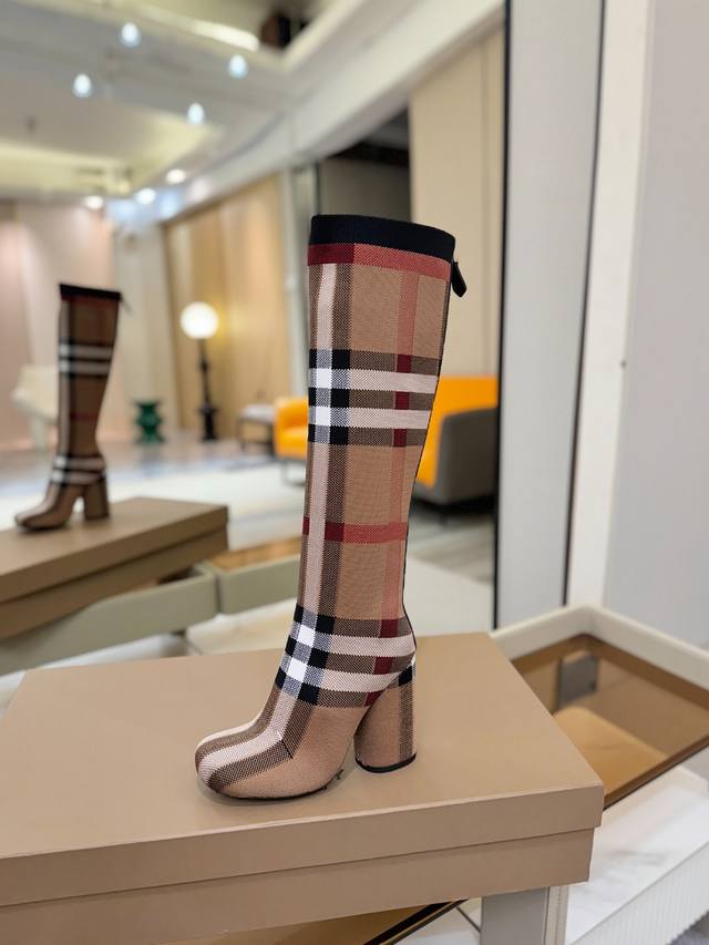 Price: Exclusive Launch of Round-Toe Chunky Heel Checkered Stretch Knit Sock Boo