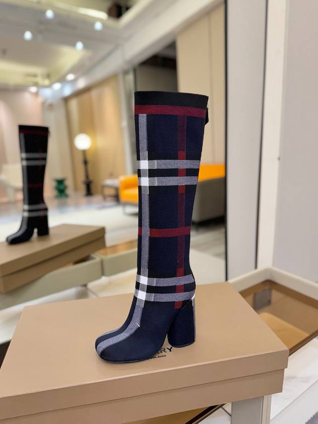 Price p: Exclusive Launch of Round Toe Chunky Heel Check Stretch Knit Sock Boots