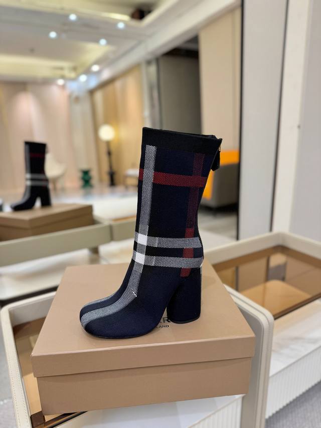 Price: Exclusive Launch of Round Toe Chunky Heel Check Stretch Knit Sock Boots B