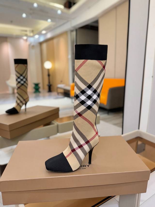 Price: Burberry Exclusive Square-Toe Stiletto Heel Checkered Stretch Knit Sock B