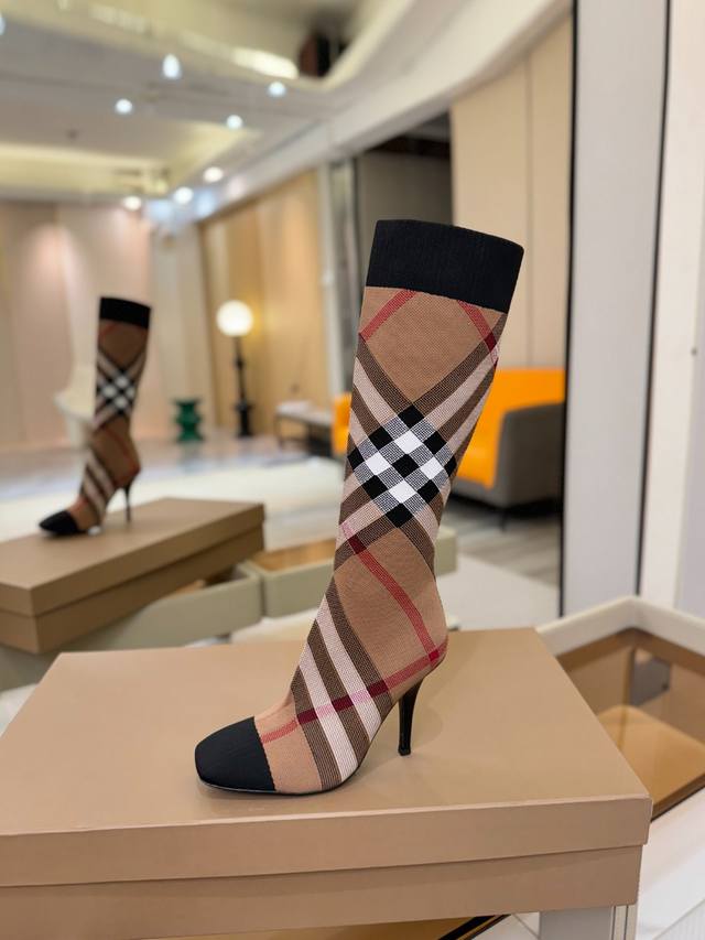 Price: Burberry Exclusive Square-Toe Stiletto Heel Checkered Stretch Knit Sock B