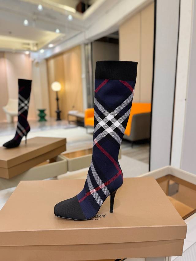 Price: Burberry Exclusive Square-Toe Stiletto Heel Checkered Stretch Knit Sock