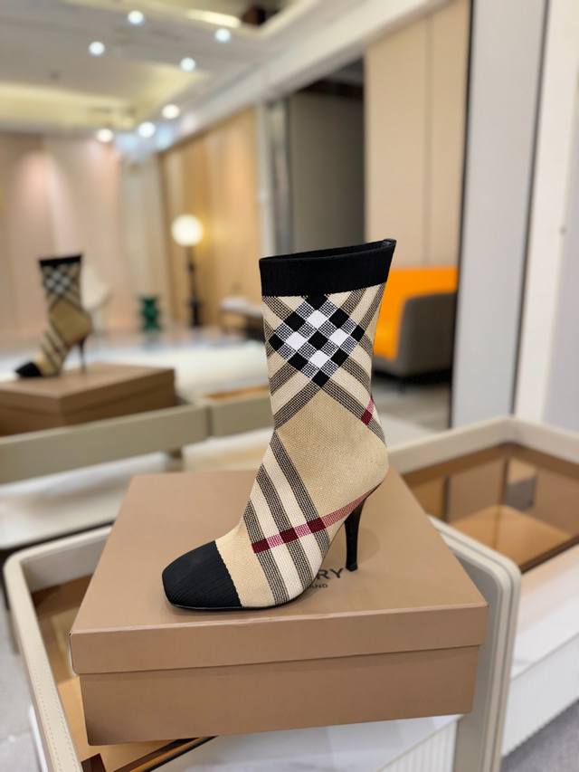 Price: Burberry Exclusive Square-Toe Stiletto Heel Checkered Stretch Knit Sock B