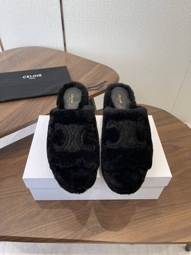 Celine 25Wf Arc de Triomphe Platform High-Heeled Fleece Slippers Step into the w