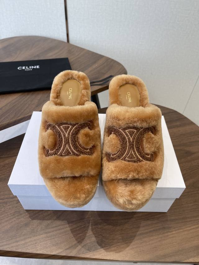 Celine 25Wf Arc de Triomphe Platform High-Heeled Fleece Slippers Step into the w