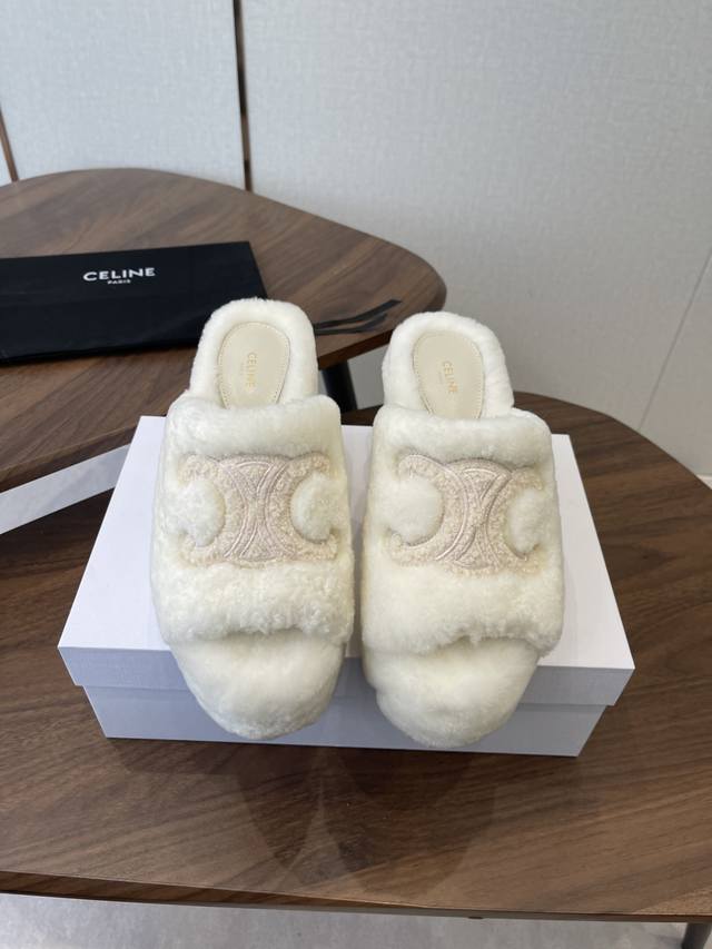 Celine 25Wf Arc de Triomphe Platform High-Heeled Fleece Slippers Step into the w