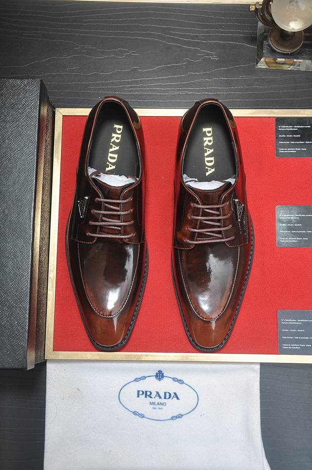 Factory Price p Prada's latest high-end genuine leather business suit shoes wit