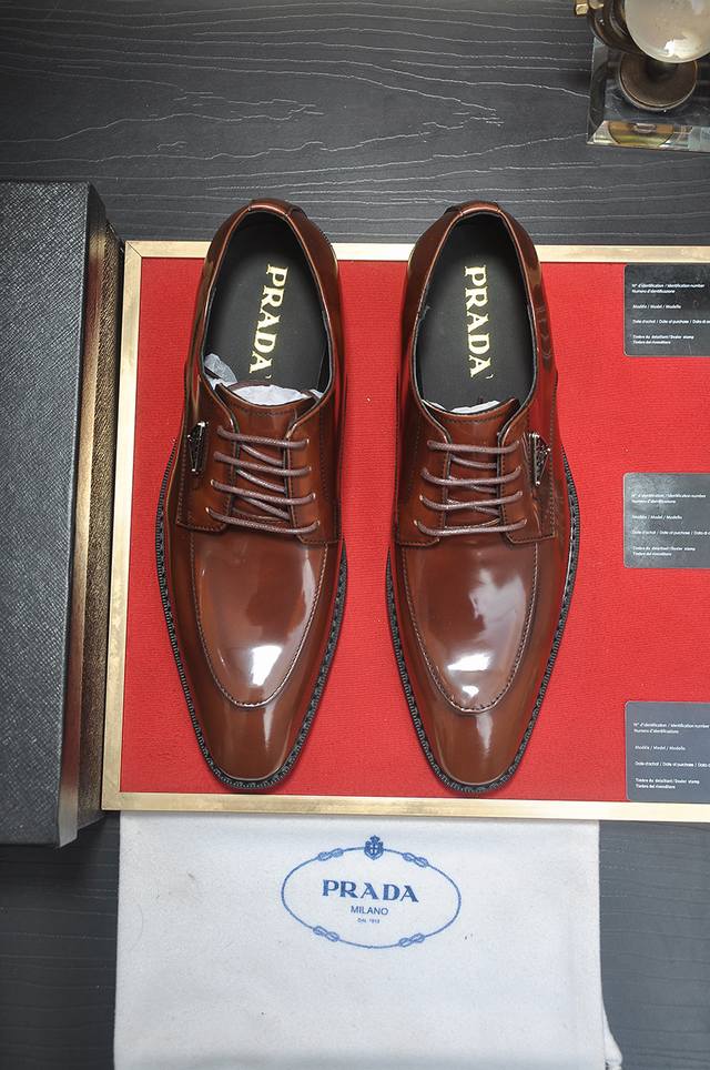 Factory Price p Prada's latest high-end genuine leather business suit shoes wit