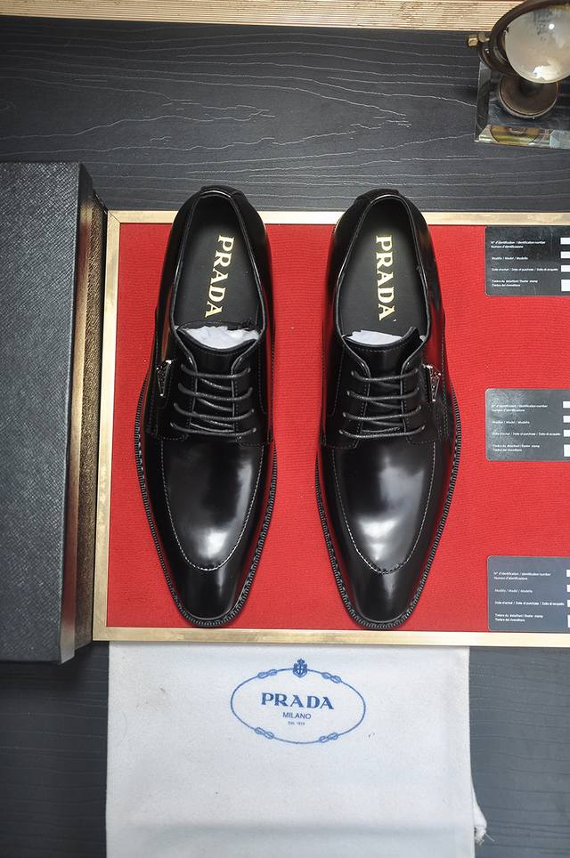 Factory Price p Prada's latest high-end genuine leather business suit shoes wit