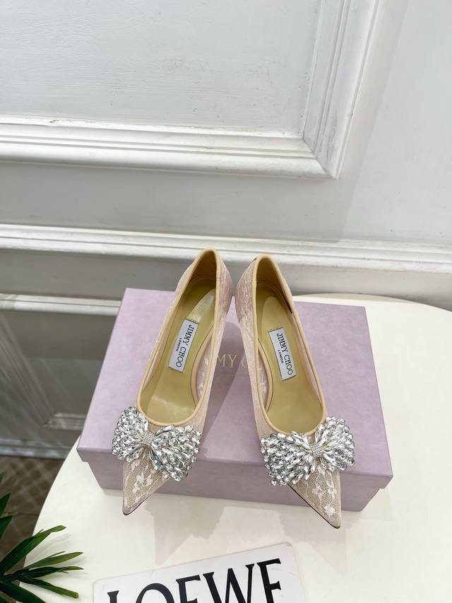Jimmychoo 25Ss 2025Ss New Arrival, Latest JC Crystal Bow Pointed Toe High Heels