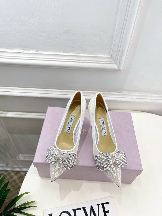 Jimmychoo 25Ss 2025Ss New Arrival, Latest JC Crystal Bow Pointed Toe High Heels