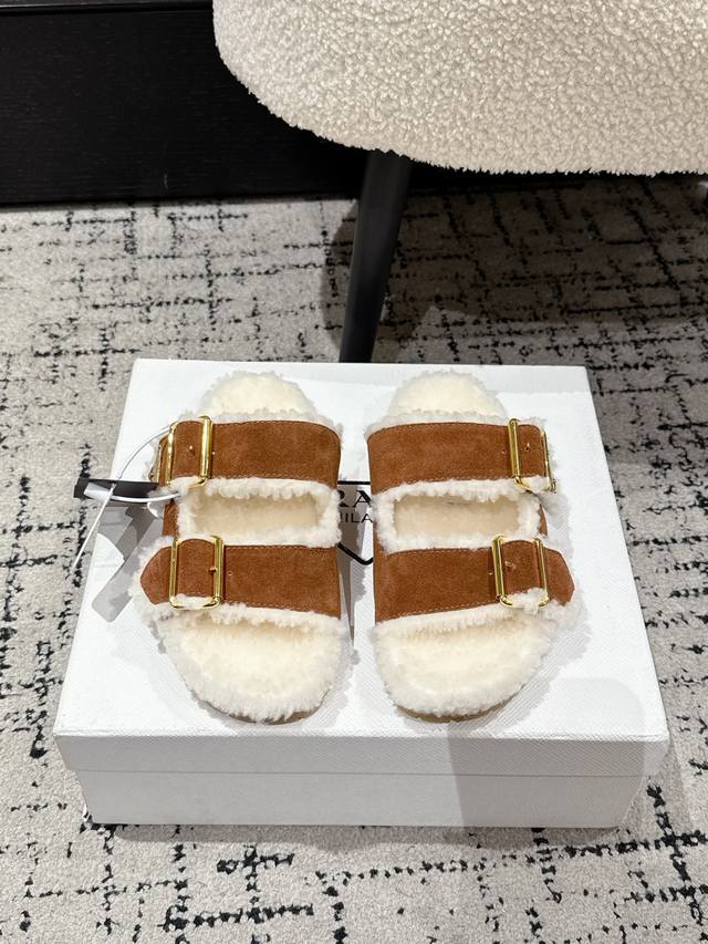 Prada 25 Classic Triangle Logo Double Strap Fleece Slip-on ...