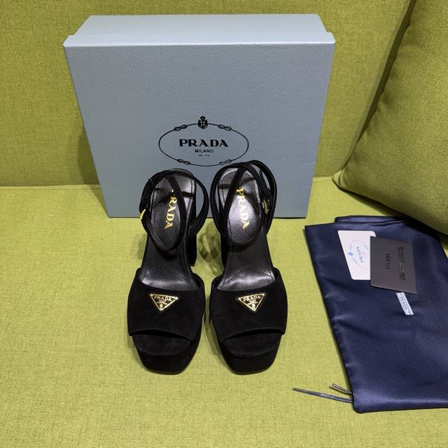 New color Prada 2025 Autumn/Winter Saffiano high-heeled platform suede sandals,