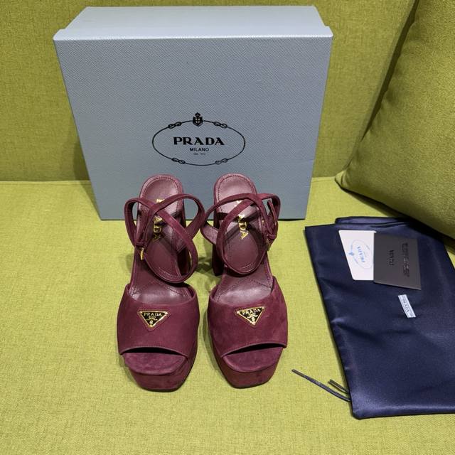 New color Prada 2025 Autumn/Winter Saffiano high-heeled platform suede sandals,