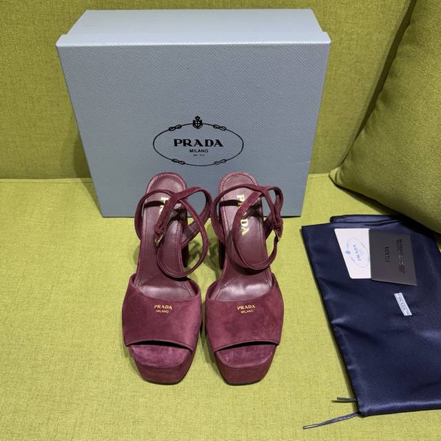 New color Prada 2025 Autumn/Winter Saffiano high-heeled platform suede sandals,