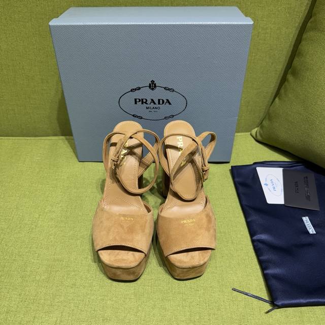 New color Prada 2025 Autumn/Winter Saffiano high-heeled platform suede sandals,