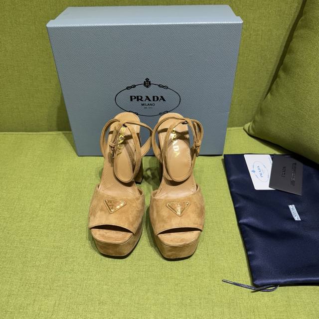 New color Prada 2025 Autumn/Winter Saffiano high-heeled platform suede sandals,