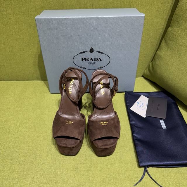 New color Prada 2025 Autumn/Winter Saffiano high-heeled platform suede sandals,