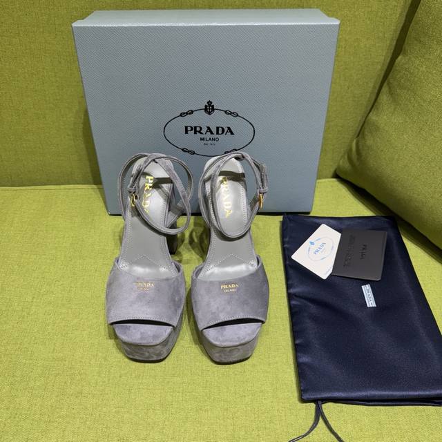 New color Prada 2025 Autumn/Winter Saffiano high-heeled platform suede sandals,