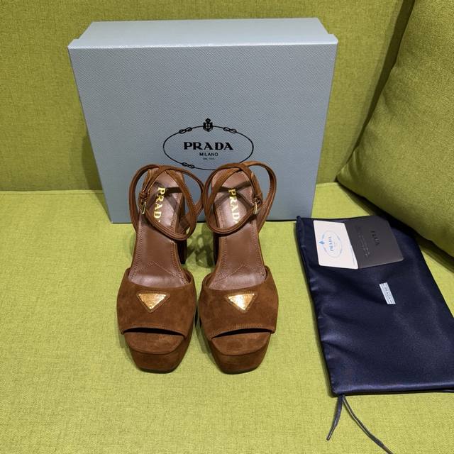 New color Prada 2025 Autumn/Winter Saffiano high-heeled platform suede sandals,