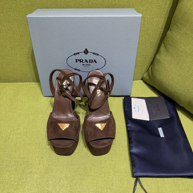 New color Prada 2025 Autumn/Winter Saffiano high-heeled platform suede sandals,