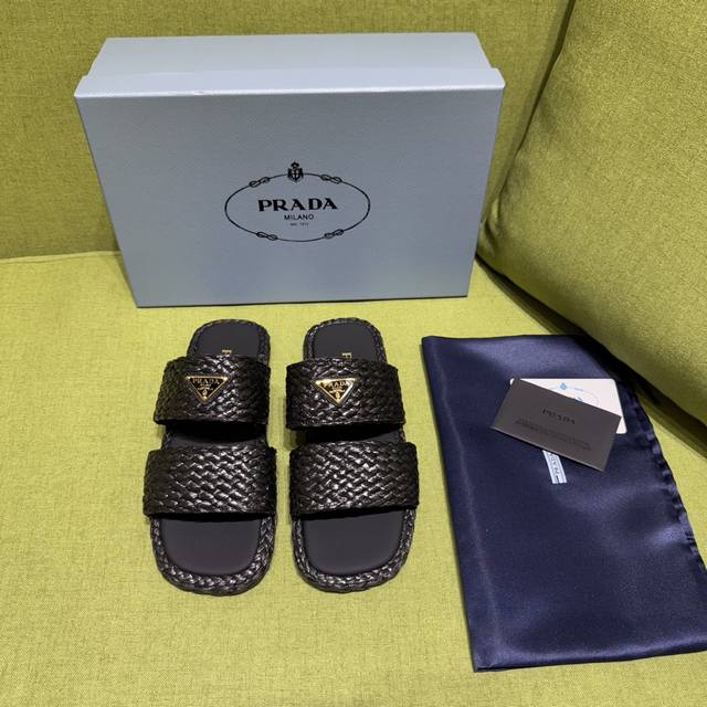 25Ss Spring/Summer New Prada Exquisite Raffia Straw Sandals with Triangle Logo R