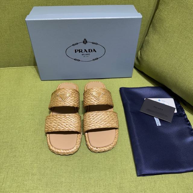 25Ss Spring/Summer New Prada Exquisite Raffia Straw Sandals with Triangle Logo R