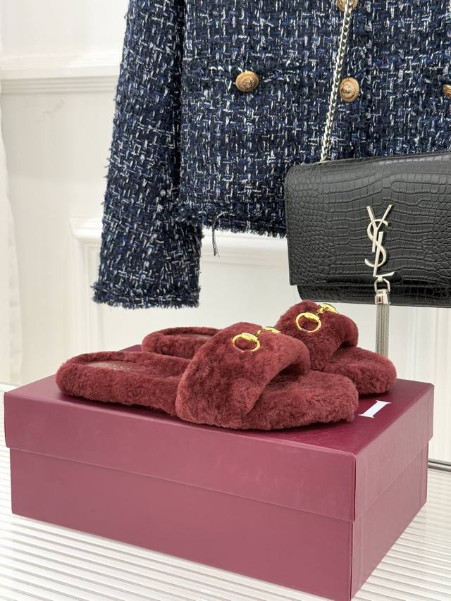 Factory Price Gucci 25Wf Autumn/Winter Horsebit Sandals Strappy Flat Fleece Sand