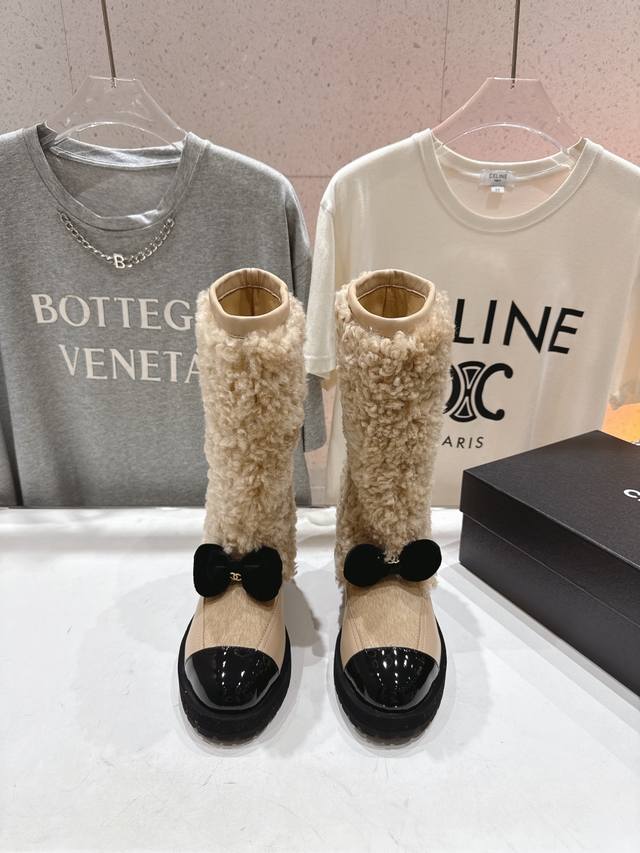 Top Quality Double C Bow Color Block Thick-Soled Snow Boots Outer Material: Cowh