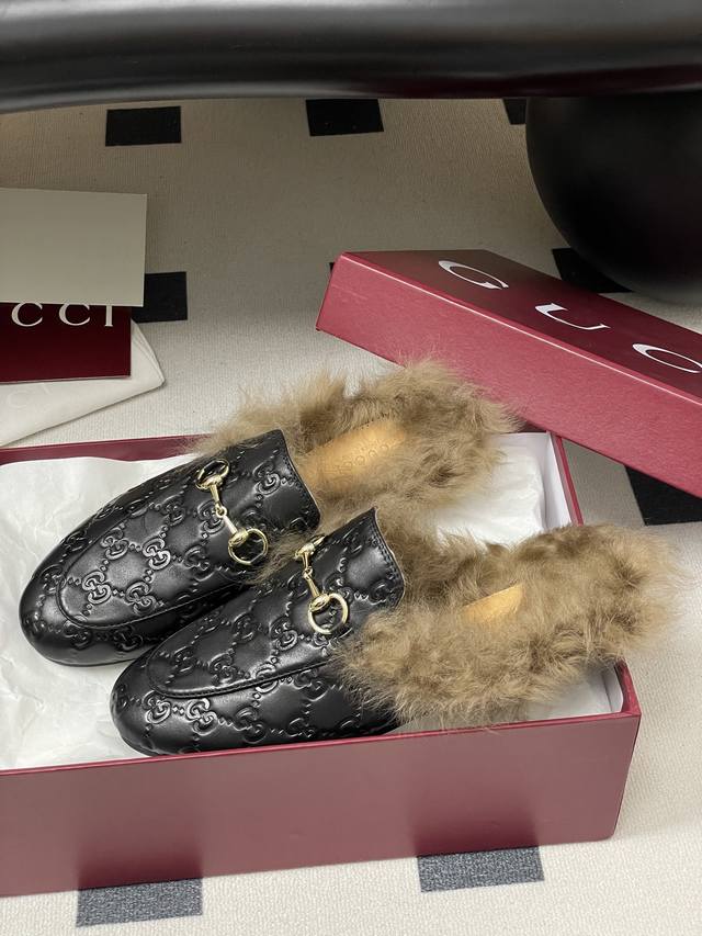 Gucci Princetown classic wool slippers, double G suede mules, horsebit buckle f