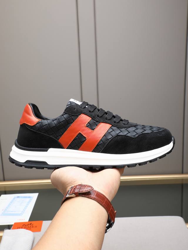 pp Hermes Men's Color-Blocked Sneakers, featuring textured calfskin details. The