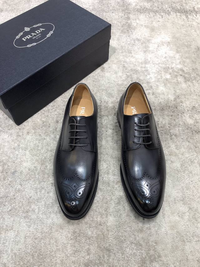 Prada men's premium leather shoes, imported cowhide upper with split edges, wat