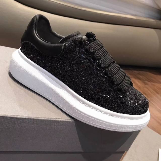 Upgraded Mq Mqueen McQueen White Sneakers Top-Tier Original Black Glitter Coupl