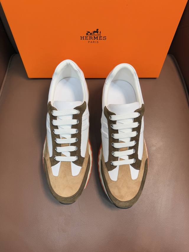H Hermes high-end luxury brand, men's low-top platform casual sneakers, crafted