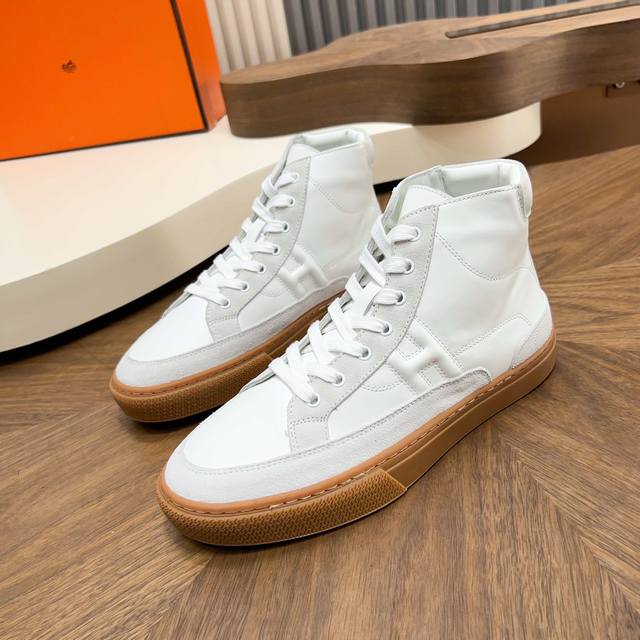 Hermes Kelly Men's Retro Mid-Top Sneakers, made with signature hand-textured ca