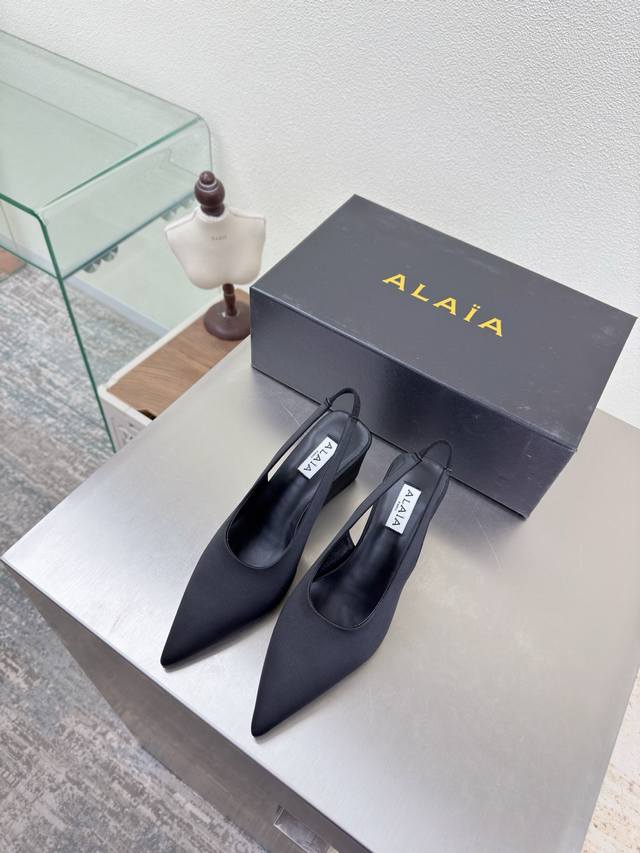 Wedge Heel Pointed Toe Series Alaia Slippers from Paris Black - Love at First S