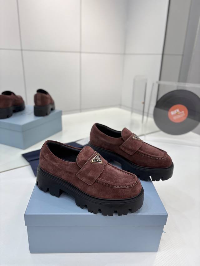 Factory price Prada loafers, triangular buckle thick-soled leather loafers, comp
